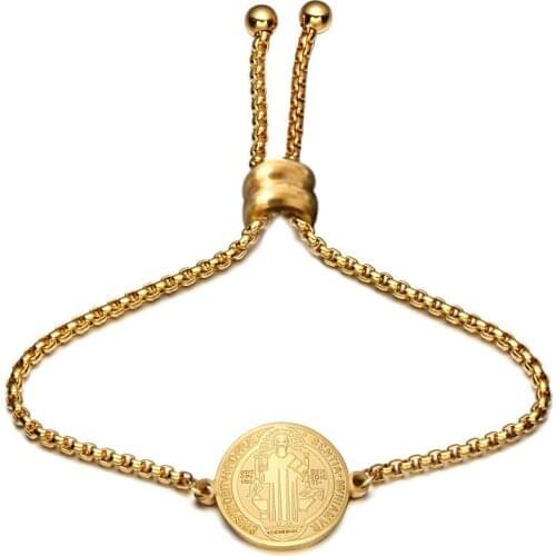 Catholic San Benito Bracelets Stainless Steel Gold Color Adjustable Jesus Medal Bangle Women Men Link Chain Charm Bracelet Gift