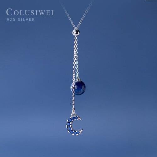 Colusiwei Blue Crystal Crescent 925 Sterling Silver Double Layers Planet Moon Chain Pendant Necklaces Women Female Jewelry