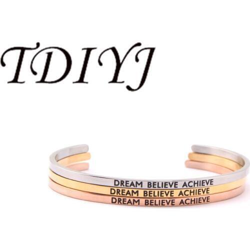TDIYJ Deluxe Bar Bracelet Engraved word Dream Believe Achieve Cuff Bangle Initial Bangle Bracelet for Women 1Pcs