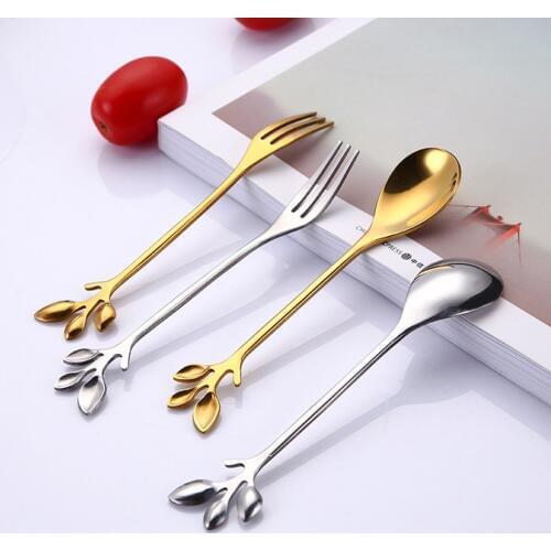 Creative Leaf Shape Handle Coffee Spoon Teaspoon Dessert Snack Scoop Fork Couple Spoon/Fork Kitchen Accessories Tableware