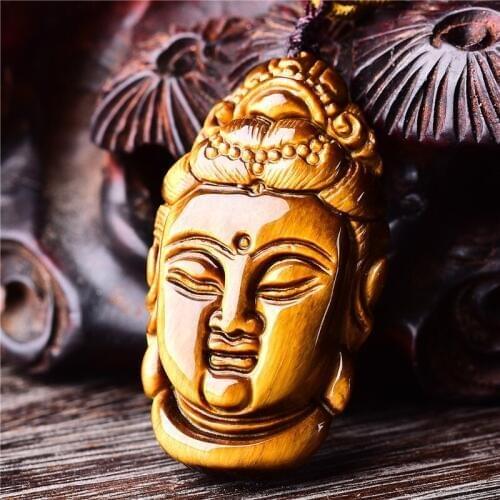 Handcarved Guanyin Head Pendant For Lucky Buddha Pendant Man Amulet Charms Free Rope Yellow Tiger Eye Pendant