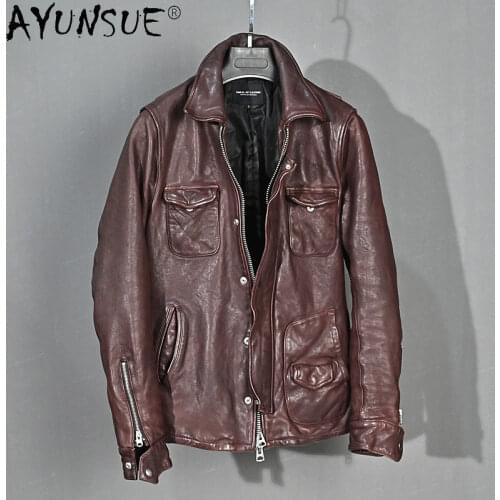 AYUNSUE 100% Genuine Leather Jacket Men Vintage Natural Sheepskin Coat Spring Autumn Mens Leather Jackets 2021 Chaquetas Hombre