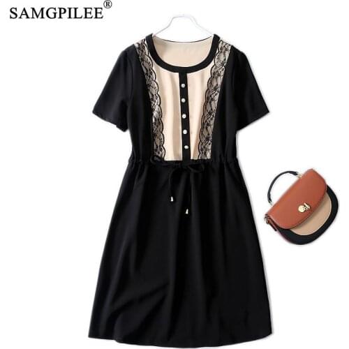 Summer Dresses Women 2021 Contrasting Color Lace patchwork Drawstring knee length Drape And Thin Short-sleeved Dress plus size