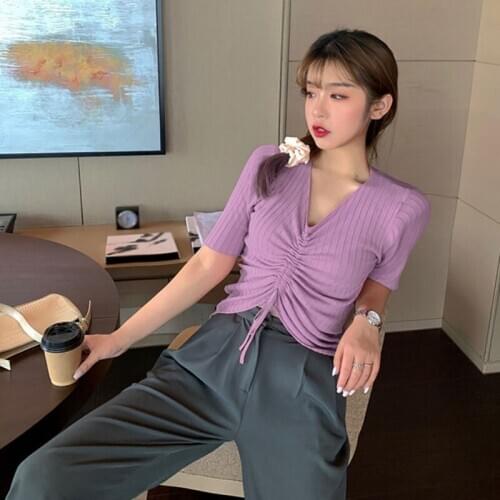 2020 Sweet Short-sleeved V-neck Drawstring Sweater Was Thin Bottoming Shirt Summer Scheming Short Sleeves