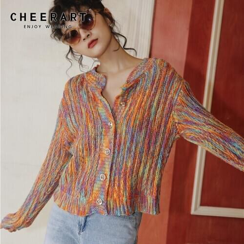 CHEERART Autumn 2020 Colorful Sweater Cardigan Women Long Sleeve Button Up Rainbow Sweater Knitted Cardigan Korean Fashion