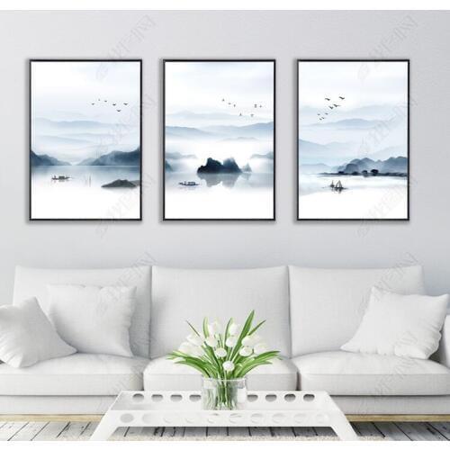 Landscape Canvas Print Painting Abstract Mountain Boat On Water Nordic Style Wall Art Picture For Home Decoration Unframed