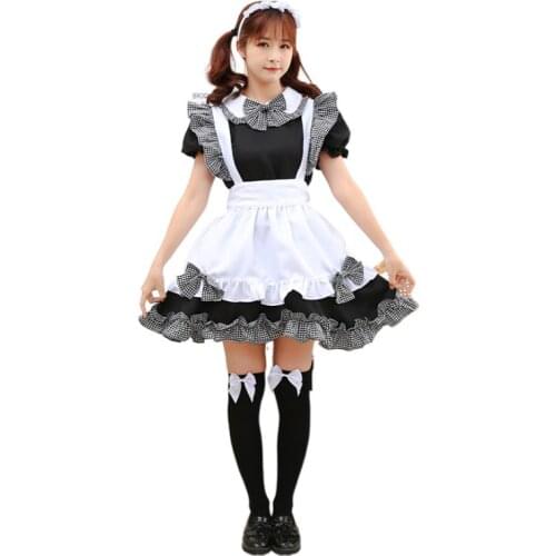 Maid Dress Kawaii Clothes Japanese Cute Maid Cosplay Costume Womens Plaid Suit Sexy Dress Women Headwear Dress Apron 3 Bows Set