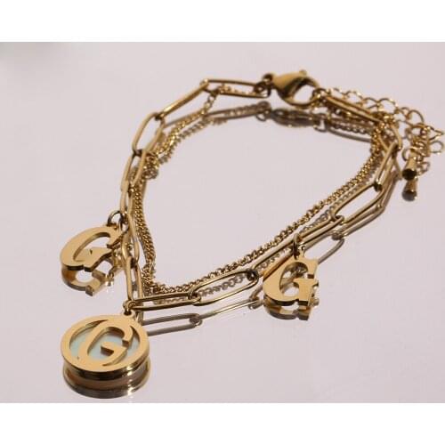 Manufacturer Gold Plated Classic Stainless Steel Shell Double G Letter Multilayer Paper Clip Chain Bracelet Trendy Jewelry 2021