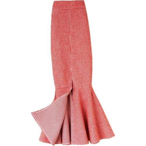 Autumn winter small fragrance plaid woolem mermaid skirt women high waist package hip split trumpet skirt