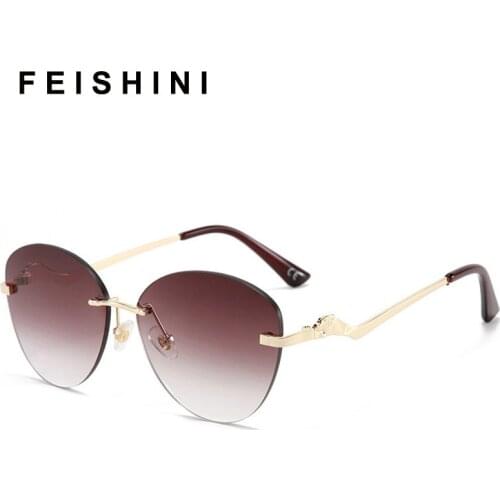 Feishini Festival Celebrity Fashion Brown Colour Rimless Glasses Ladies Clear Cat Eye Oculos Cheap Trendy Sunglasses Women UV400