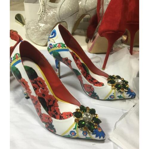 Newest Pointed Toe High Heels Pumps Crystal Flower Shape Wedding Pumps Printed Sexy Stage Heels Wholesale 6CM Low Heels