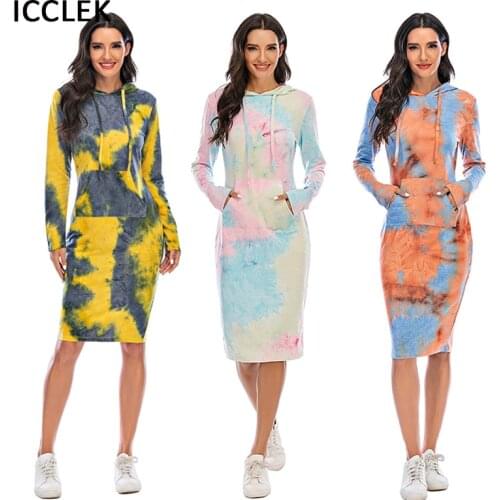 Women Hoodie Dress Casual Tie-dye Hooded Sweatshirts Autumn Winter Pocket Long Sleeve Baggy Pullover Oversized Sweatshirt Dress