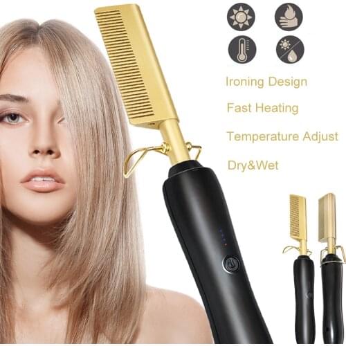 Hair Straightener Flat Straightening Wet Dry Use Brush Hot Heating Curler Curling Corrugation Stylist Heating Straight Comb Iron