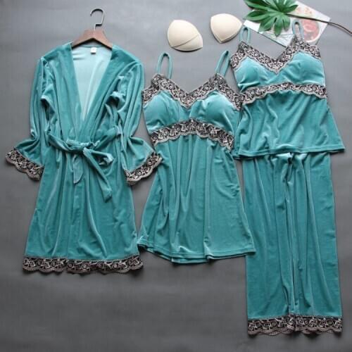 Women Lounge Home Pajamas 4PCS Kimono Robe Sets Sexy Velour Bathrobe Nightdress Sleep Suit M-XXL Autumn Lingerie Night Gown