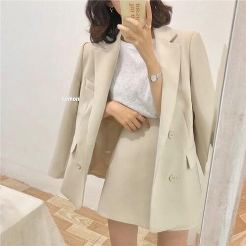 Bella Philosophy 2021 Women High Quality Blazer Skirt 2 Pieces Set OL Skirt Suit Double Breasted Oversized Blazer Jacket Navy