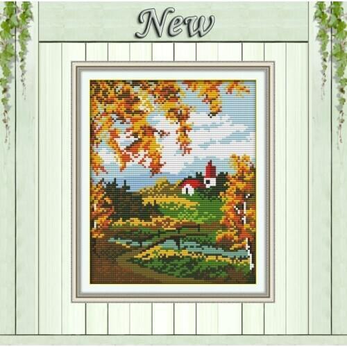 Scenic autumn of the countryside Scenery,Counted print on canvas DMC 14CT 11CT DIY Cross Stitch Needlework kits Embroidery Sets
