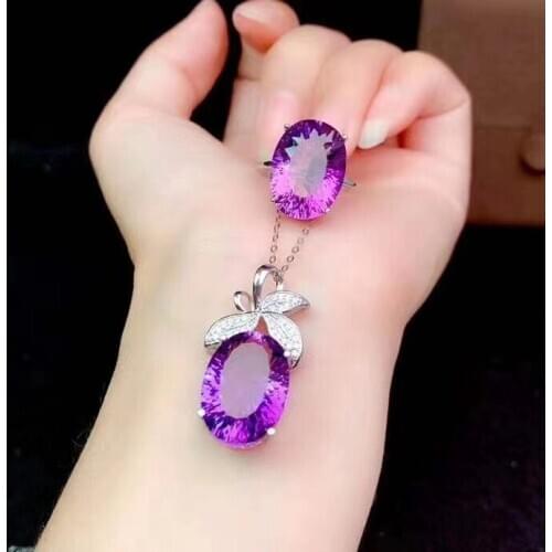 100% Natural and Real Amethys Set 925 Sterling Silver,1pc Amethys Ring,1pc Amethys Pendant For Anniversary