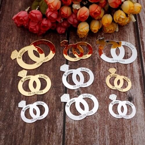20 Pieces 7cm/5cm/4cm Width Custom Groom Bridal Name Double Ring Sign Mirror Acrylic Sticker Wedding Anniversary Decor Favors