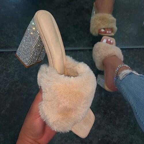 2021 summer women new high-heeled rhinestone single layer plush plus size all-match sandals outdoor banquet fashion slippers