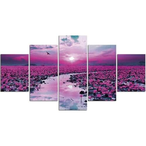 5 Piece Dreamy Purple Lotus Flower Pond diamond painting Full Square,round rhinestone embroidery Mosaic Multi picture,A510