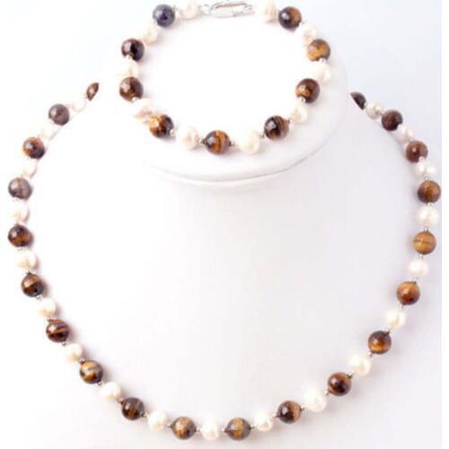 Natural 7-8mm White Freshwater Pearl &Tigers eye Necklace Bracelet Jewel Set multicolor