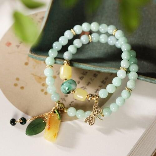SA SILVERAGE S925 Sterling Silver Natural Emerald Beeswax Jasper Personality Butterfly Leaves Ladies Bracelet Bracelets Jewelry