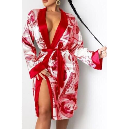 Elegant Women Lace-up Dresses 2021 Spring Sexy Deep V Neck Loose Long Sleeve Sleepwear Ladies Fashion Printed Split Dress Jacket