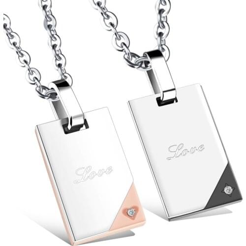 Engraving Lovers Necklace Stainless Steel Rectangle Suspension Pendants Black Mens Heart Stone Rose Gold Color Womens Jewelry