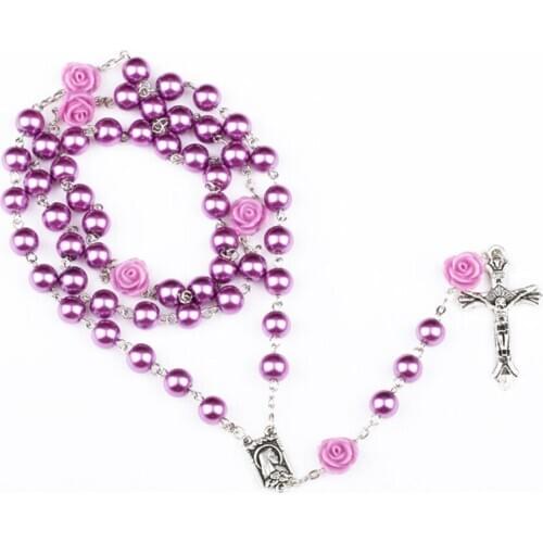 Imatation Pearls Beads Chains Necklaces Long Statement Rosary Cross Pendant Catholic Pray Necklace for Women Religious Jewelry