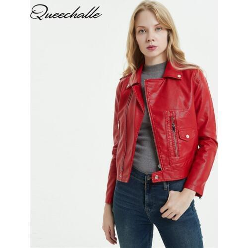 Queechalle S - XL Womens Leather Jackets Autumn Winter Solid Motorcycle Cool Short Slim Outerwear Coat Female Jacket Red Black
