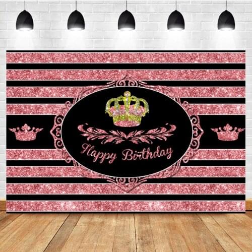 Laeacco Pink Sequins Stripes Crown Girls Birthday Banners Custom Photo Photography Backdrop Photo Background For Photo Studio