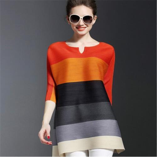 2020 summer new wild loose large size pleated contrast pleated striped dress miyak pleated contrast color fresh dress