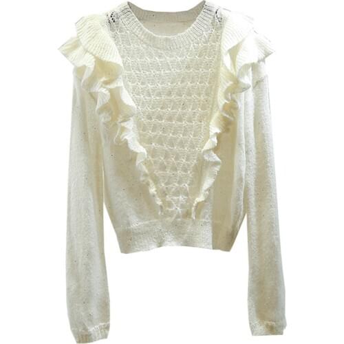 Fashion Ruffles Stitching Crochet Hollow-out Pullover Sweater Women Casual Loose All-match Thin Knit Tops Jersey Mujer