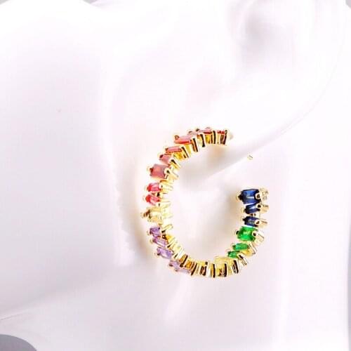 3Pairs, 2019 CZ Gold Stud Earrings NEW Trendy Circle Shape Zirconia Rainbow Baguette Earrings Fashion Jewelry For Women Girl