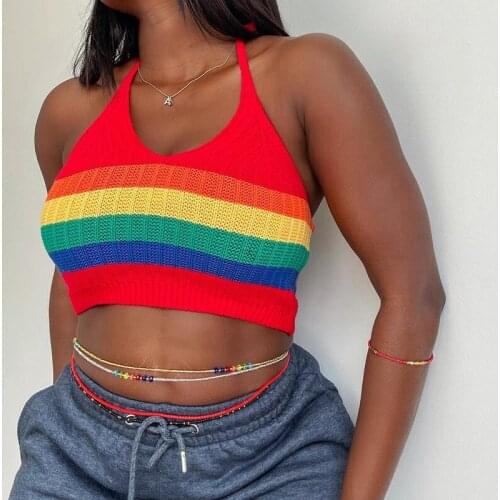 SEASONS Striped Print Backless Knitted Cropped Tanks Women Sleeveless Tie Up Halter Vest Tops Summer Colorful Tees ASVE83412