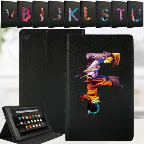 Folding Tablet Case for Amazon Fire 7/HD 8/D 10 High Quality Painting Letter Series Anti-fall Leather Stand Cover Case + Stylus