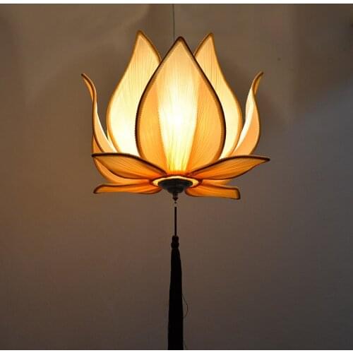 Chinese Fabric Lotus Led Pendant Light Classical Yellow Chandelier Living Room Dining Room Bedroom Ceiling Lamp PA0379