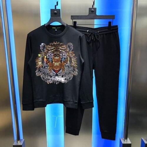 Hot Luxury Sets Rhinestone Tiger Pattern Plus Velvet Warm Thick Jogging Hoodie Casual Winter Mens And Womens Design Tracksuit