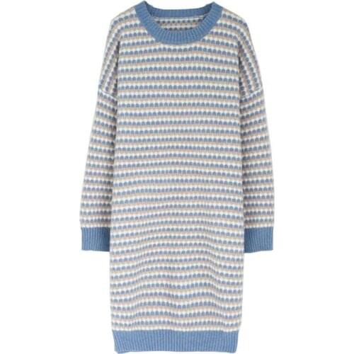 PERHAPS U Knitted Blue Green O Neck Knee Length Sweater Dress Autumn Winter Elegant Long Sleeve Stragiht Loose Striped D1370