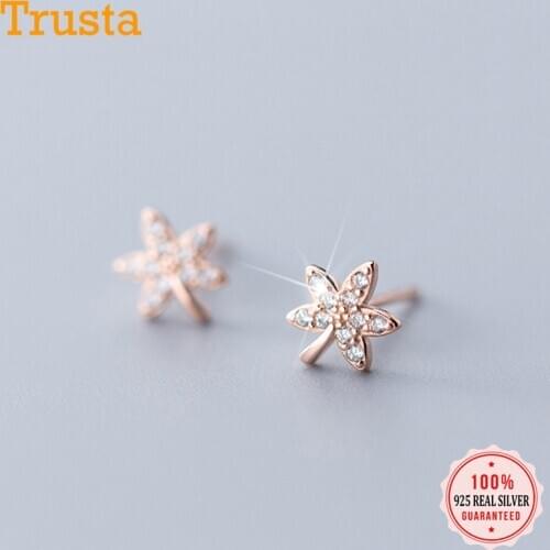 Trustdavis Fashion Jewelry 925 Sterling Silver CZ Stone Canadian Maple Leaf Stud Earrings Girls Gift Real 925 Wholesale DS2672