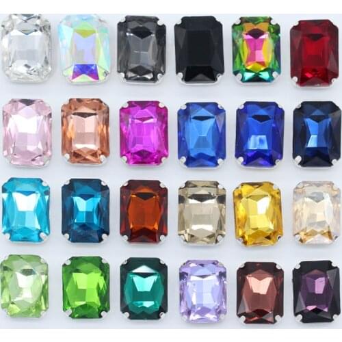 All-size 24-color rectangle stich on glass stone sewing crystal Gems sew on rhinestone silver plated button Clothes accessories