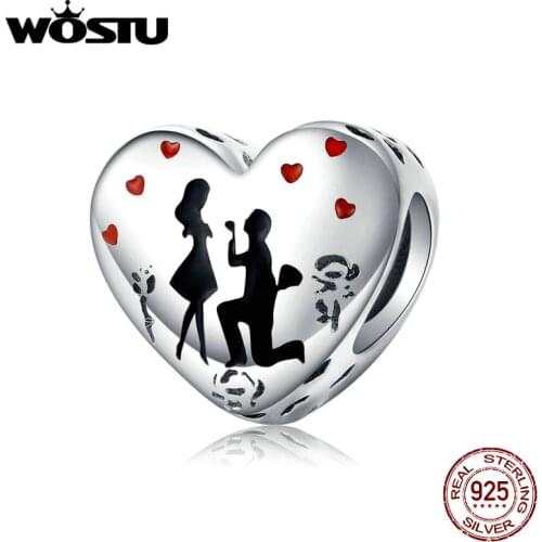 WOSTU Real 925 Sterling Silver Propose Marriage Heart Beads Charms Fit Original Bracelet Necklace Wedding Jewelry Gift CQC1403