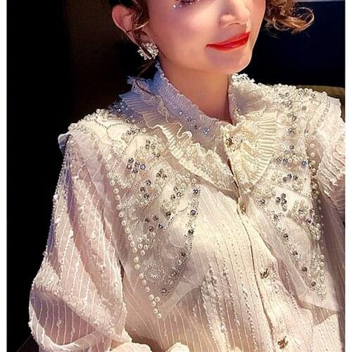 Women Blouse New Nice Long Ruffles Lace Sleeve Sheer Blouse Stand Collar Luxury Beaded Shirt Woman Diamonds Party Wear NS742