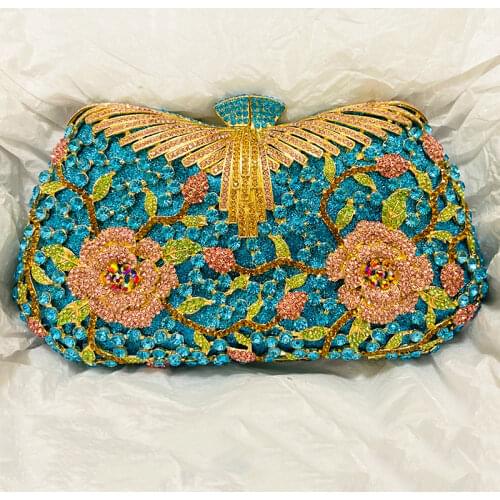 High-End Gold Metal Blue Rhinestone Women Evening Clutch Bag Flower Ladies Green Crystal Diamond Shoulder Handbags Party Purse