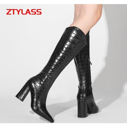 2021 Autumn Pu Leather Women Western Boots Square High Heel Knee High Boots Fashion Pointed Toe Cowboy Boots Womans Boots