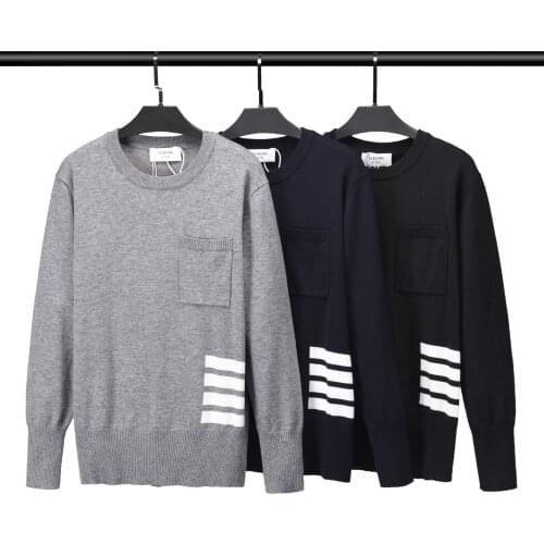 TB Browin Sweater Women Sweater Long Sleeve Pullover Casual Knitted O-Neck Korean Style TB Striped Small Pocket High Quality