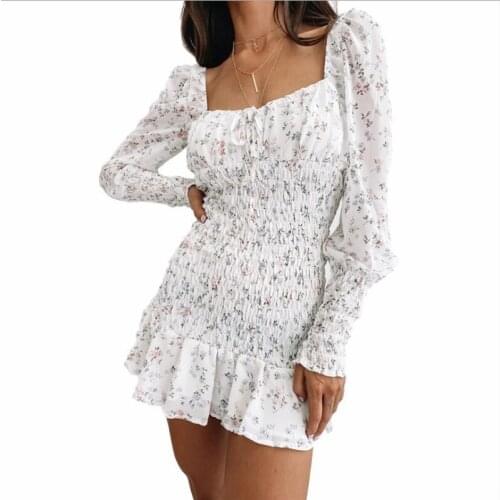 2021 Summer Womens Sexy Tight White Floral Mini Dress Fashion Ladies Square Neck Puff Sleeve Party Club Sexy Mini Sun Dress