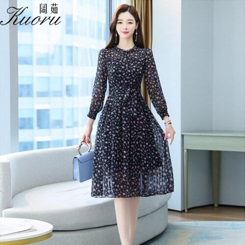 Blue Chiffon Autumn Women Midi Dress O Neck Long Sleeve Robe Fleurie Vetement Femme Vestido Ocasional Moulante Vintage Vestidos