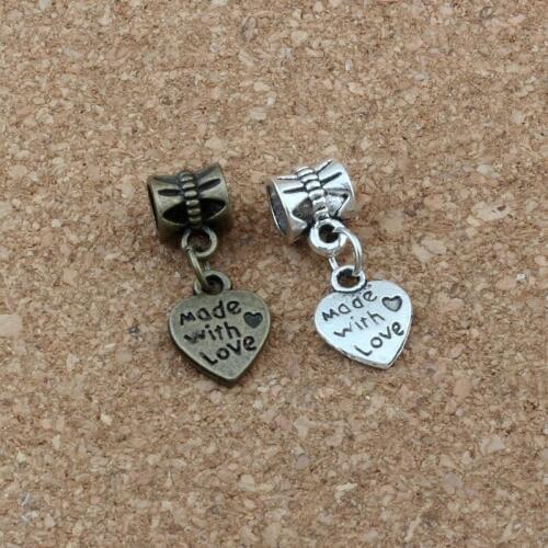 150pcs/lots Made With Love heart Dangle Charm Beads Fit Charm Bracelet DIY Jewelry 9.5x23.5 A-528a