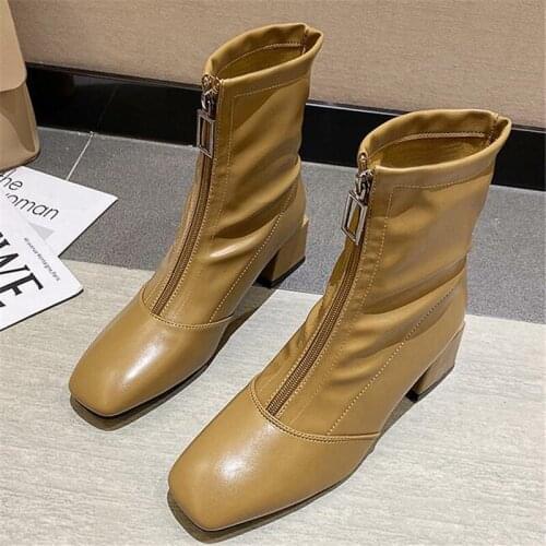 Fashion Women Square Toe Martins Boots Spring Autumn Patent Leather Med Heel Ankle Boots Comfortable Ladies Shoes Front Zipper